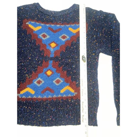 Geometric Rainbow Speckled Navy Blue Wool Sweater - Picture 7 of 15